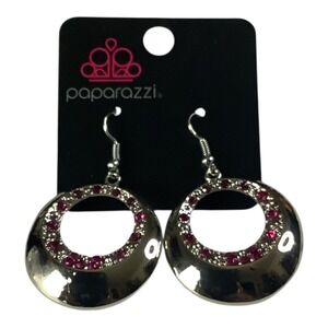 Paparazzi Jewelry Ringed In Refinement Pink Earrings Rhinestone Silver Tone